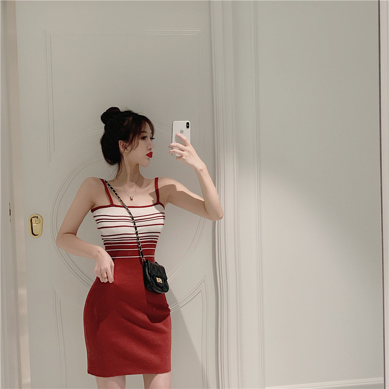 Women Clothing Dress Suspender Knitted Striped Clothes
