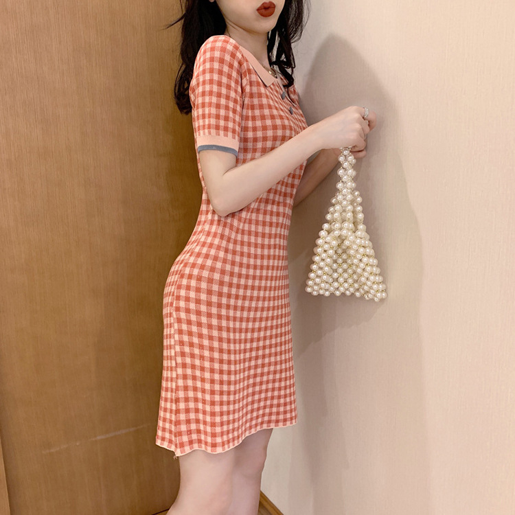 Women Girl Dress Plaid Retro Knitted Clothes