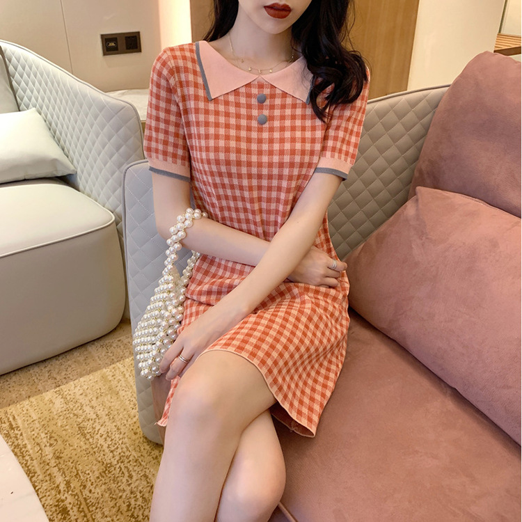 Women Girl Dress Plaid Retro Knitted Clothes
