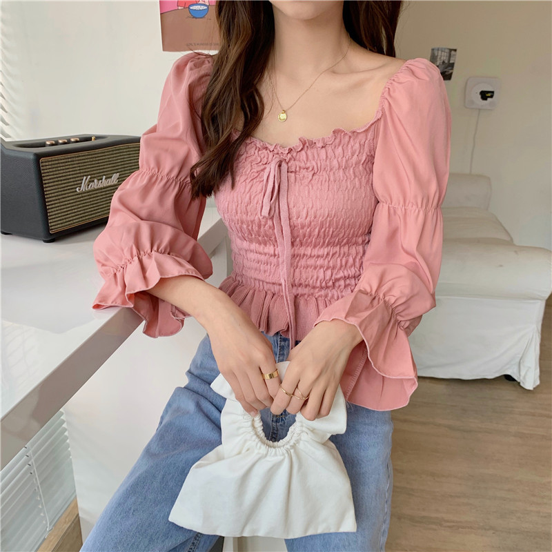 Clavicle Women Girl Top Long-sleeved Blouse Shirts