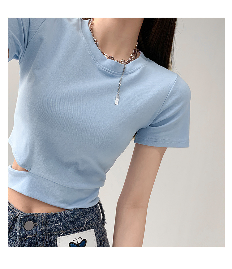 Irregular Short Sleeve T-Shirt Women Solid Color Round Collar Girl Tops