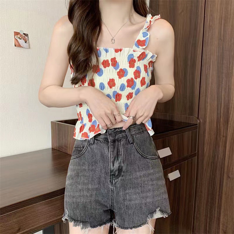Sweet Wrinkled Camisole Women Girl Fungus Floral Tops Shirt