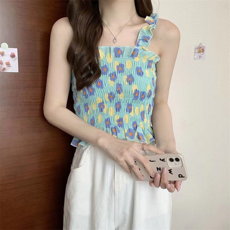 Sweet Wrinkled Camisole Women Girl Fungus Floral Tops Shirt