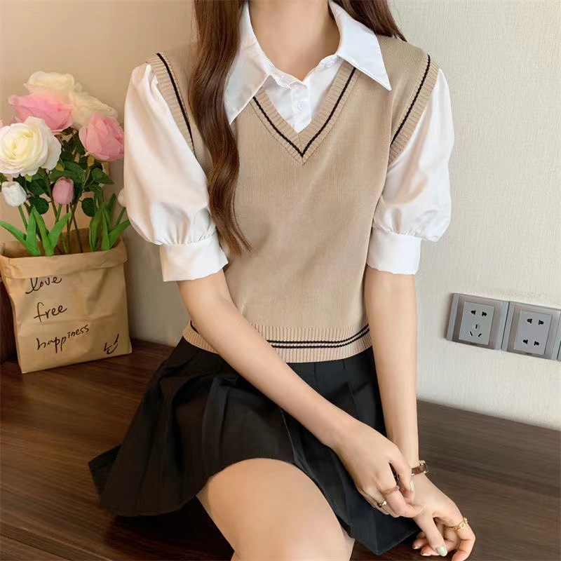 College Style Lapel Women Girl Polo Tee Shirts Puff Sleeves Tops