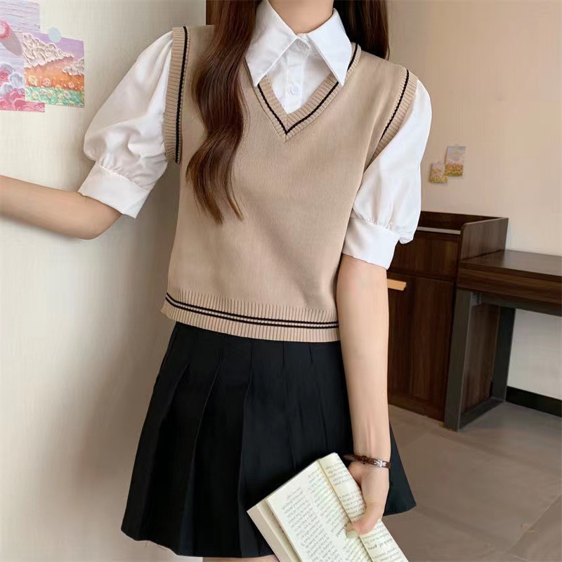 College Style Lapel Women Girl Polo Tee Shirts Puff Sleeves Tops