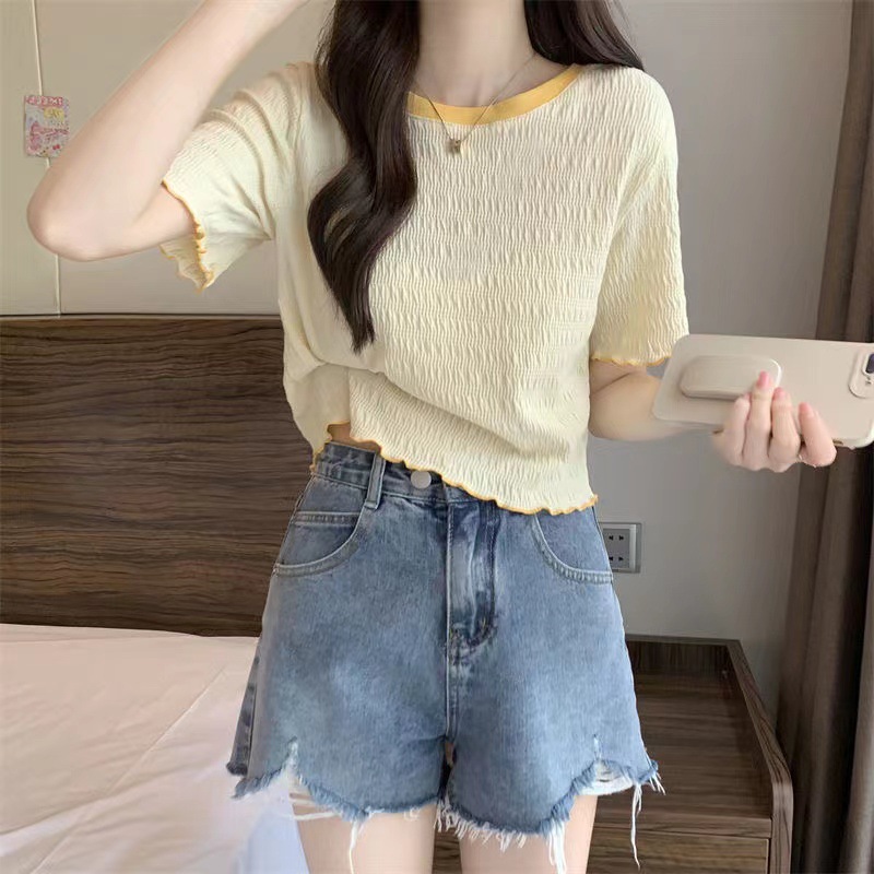 Summer Korean Round Neck Short-sleeved Knitted Casual Tops Shirt