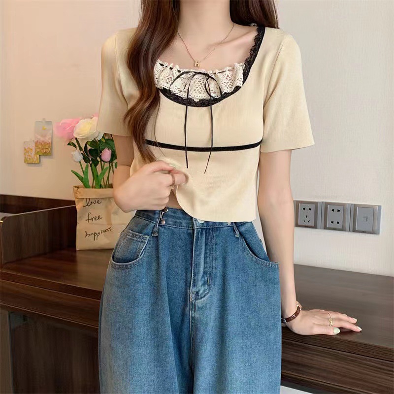 Lace Square Neck Short-sleeved Women Girl Knitted Tops Shirts