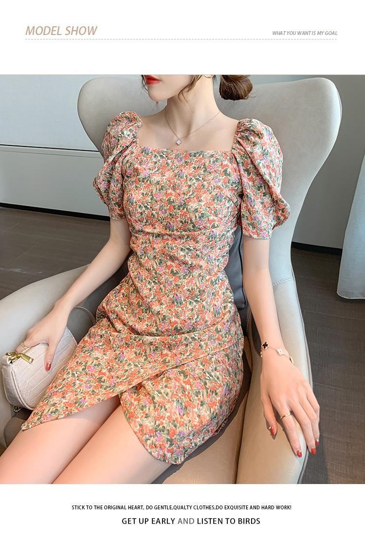 French Summer Puff-sleeve Slim Floral Women Girl Irregular Skirt Dress
