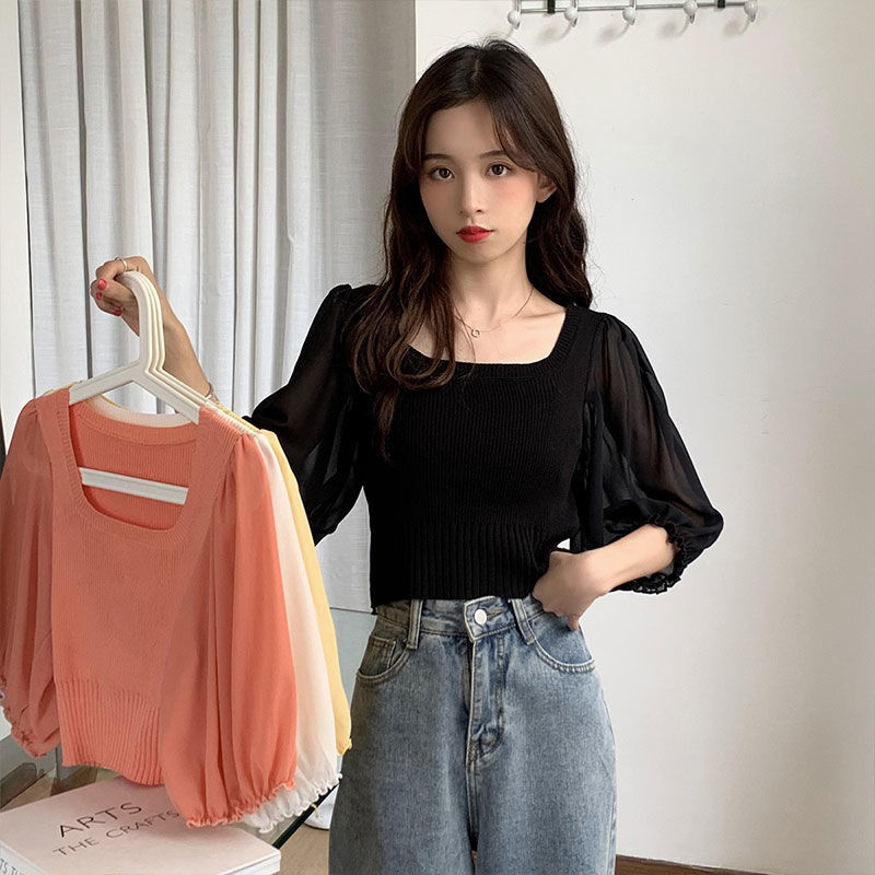 Summer Square Neck Solid Color Women Girl Knitted Sweater Tops Shirts