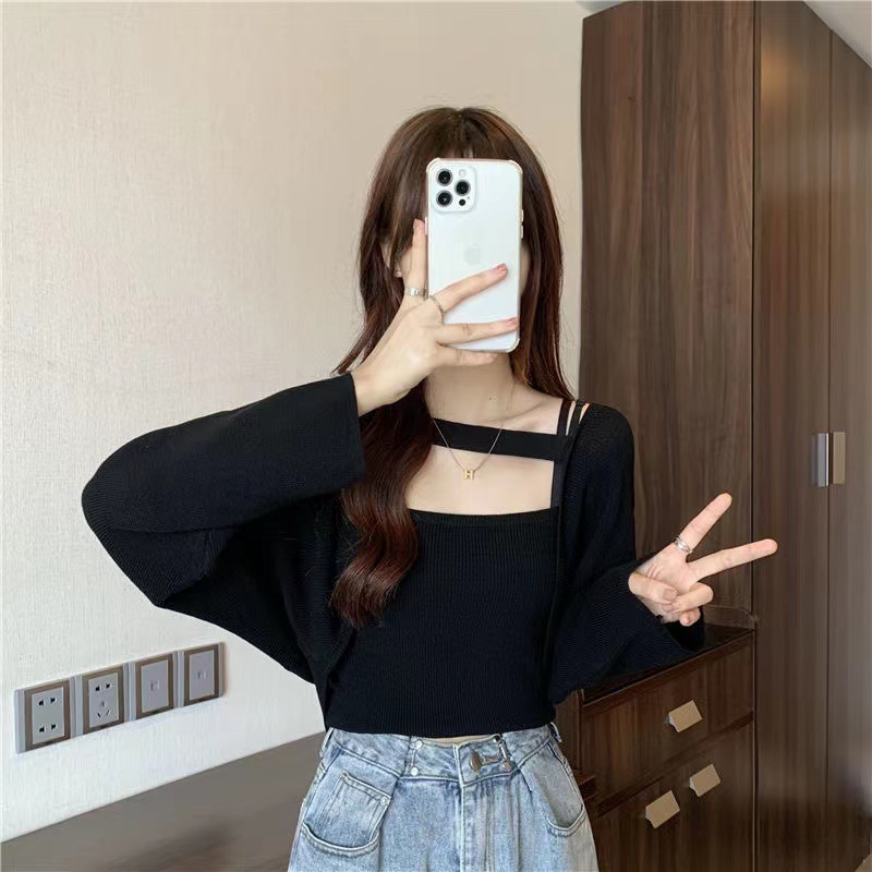Knitted Camisole Pullover Solid Color Long-sleeved Jacket Two-piece Tops Shirts