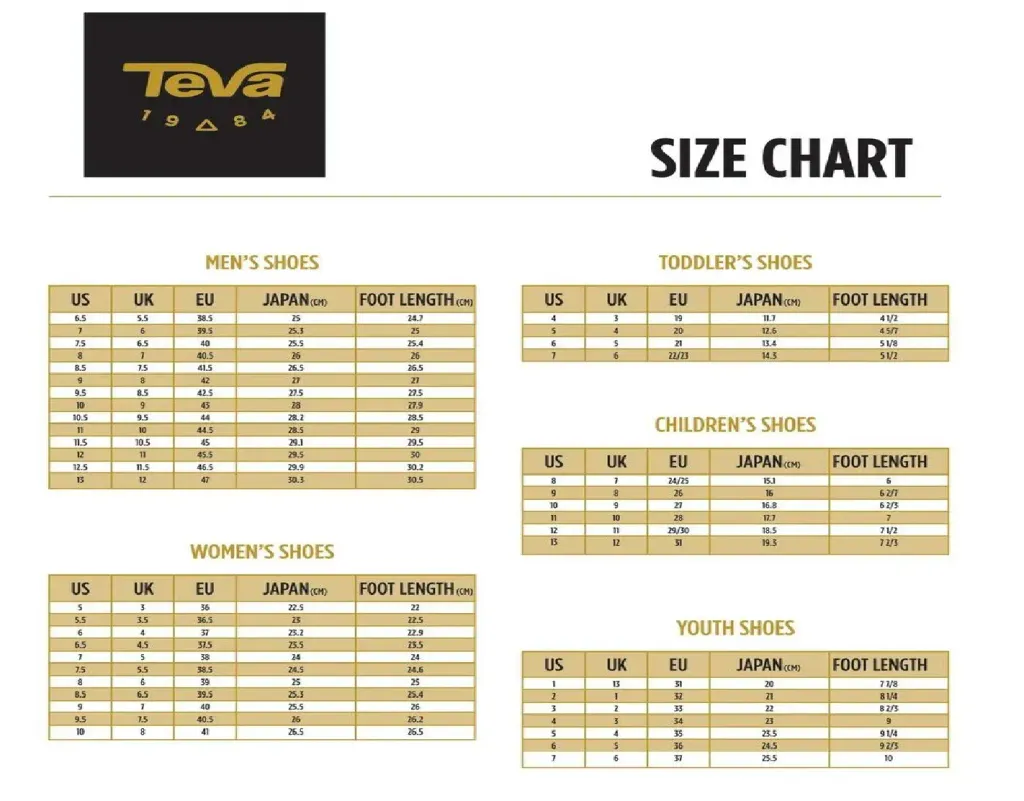 teva size chart kids