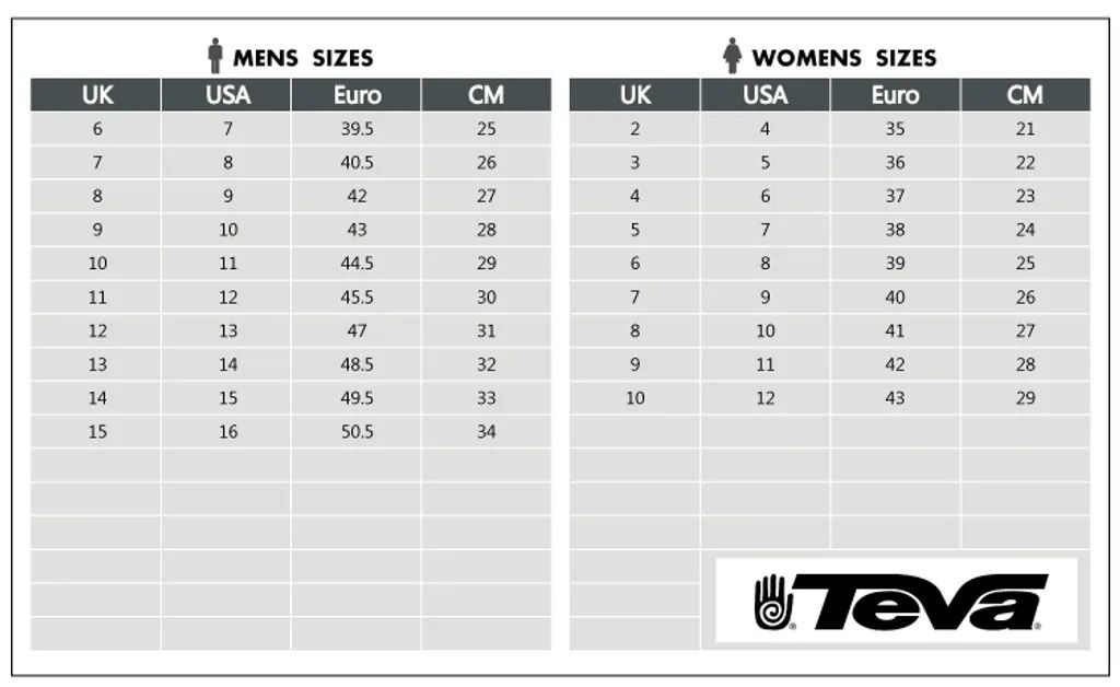 teva size guide