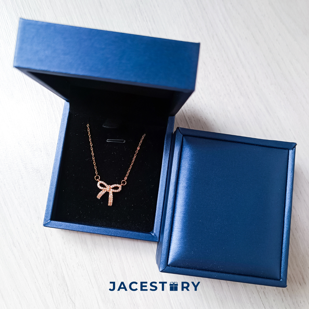 Ribbon Bow Cubic Zirconia Rose Gold Plated Titanium Steel Necklace & Jewellery Box