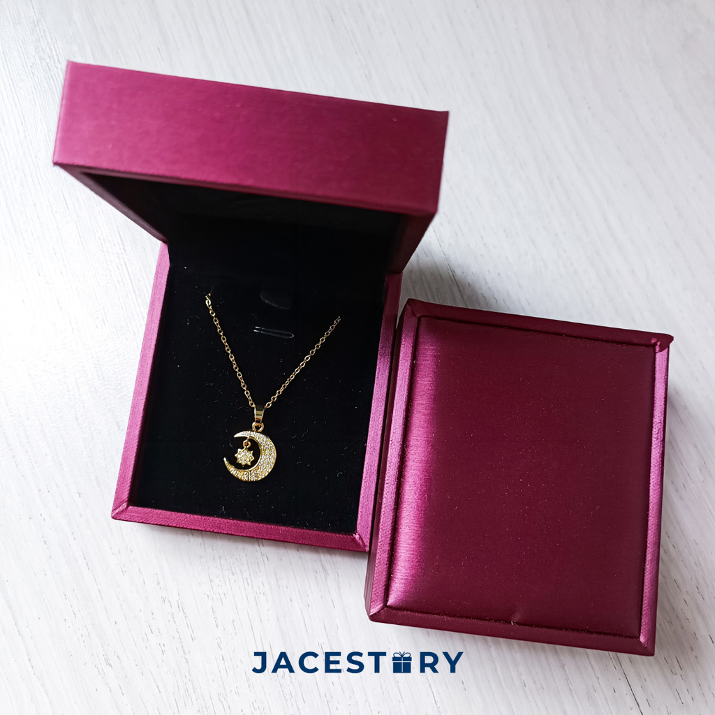 Moon Star Cubic Zirconia Gold Plated Titanium Steel Necklace & Jewellery Box