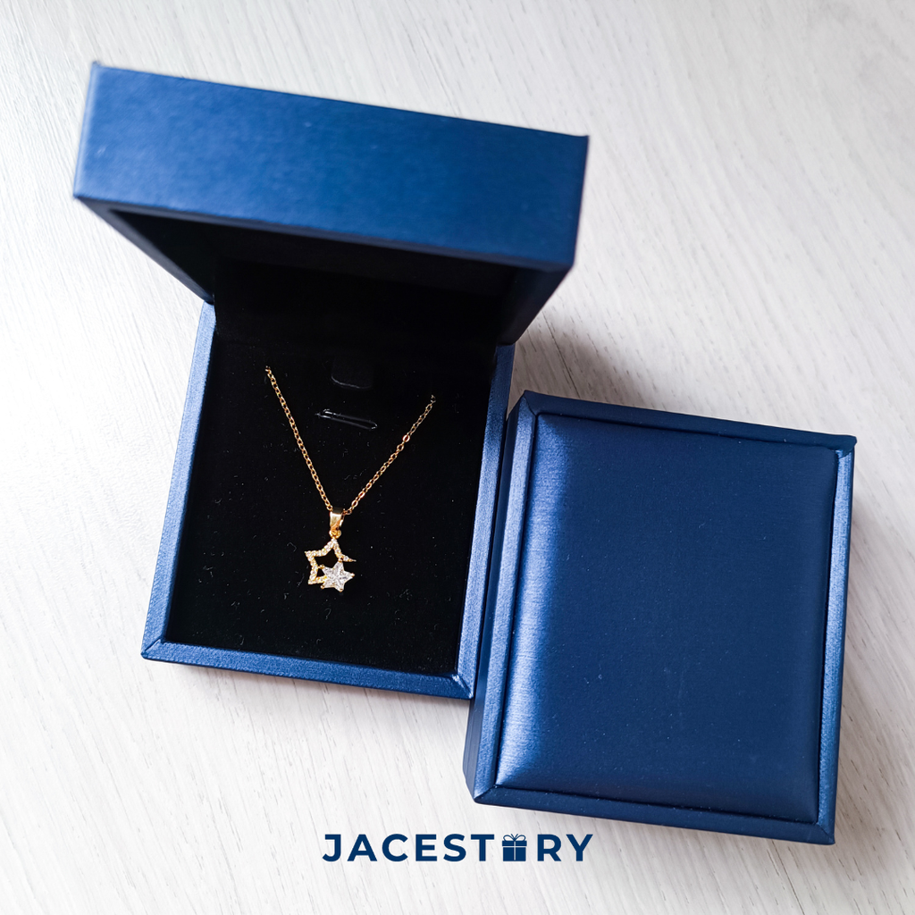 Double Star Cubic Zirconia Gold Plated Titanium Steel Necklace & Jewellery Box