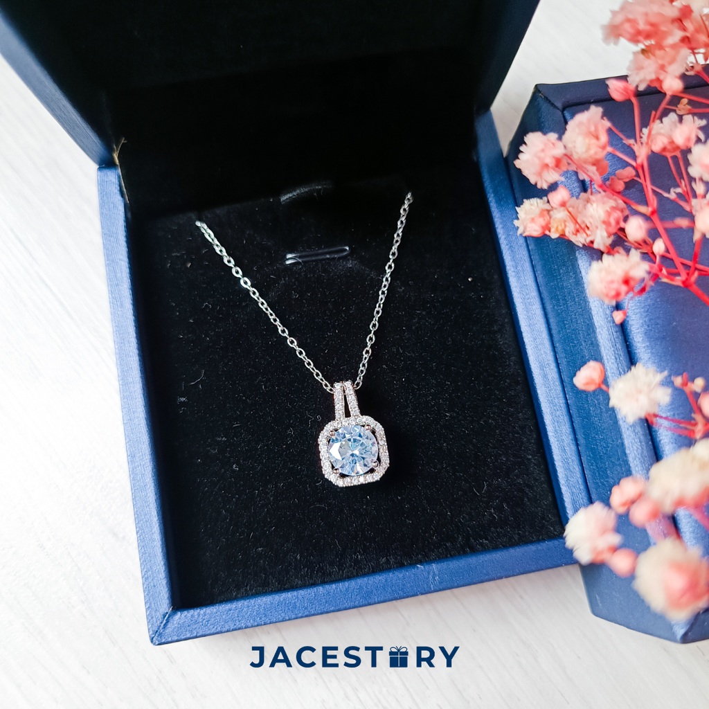 Perfect Square Cubic Zirconia White Gold Plated Titanium Steel Necklace & Jewellery Box