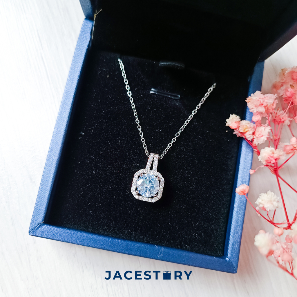 Perfect Square Cubic Zirconia White Gold Plated Titanium Steel Necklace & Jewellery Box