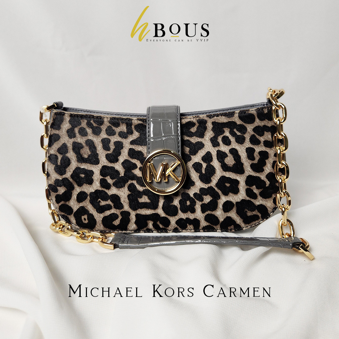 Michael Kors Carmen Small Gray Leather Leopard Haircalf Pouchette