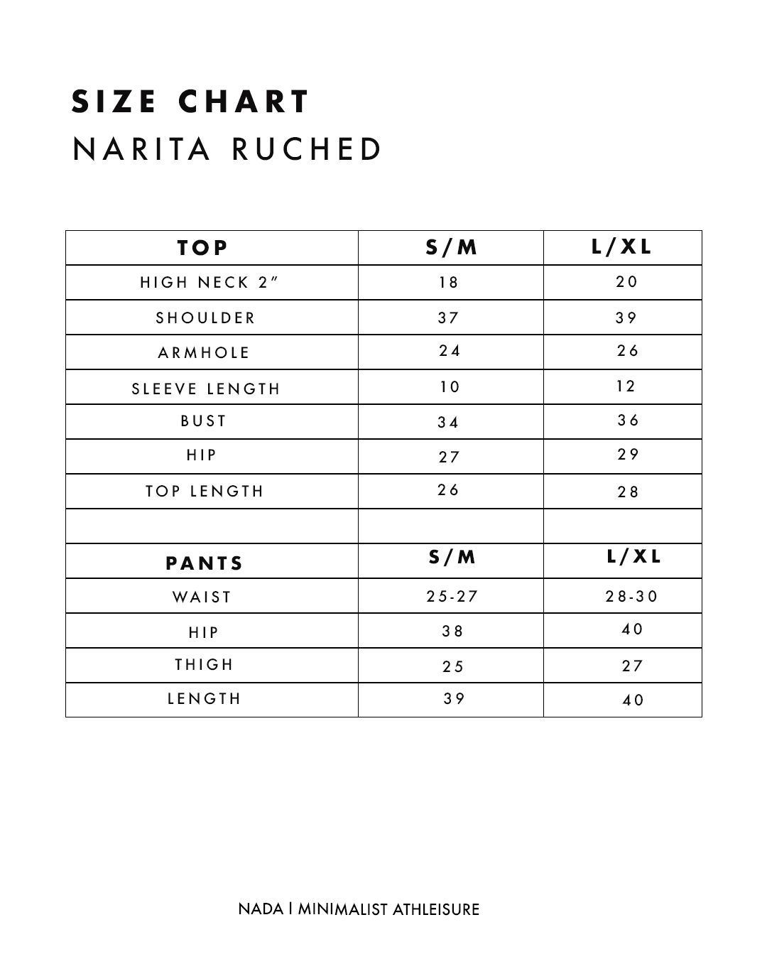 SIZE CHART NARITA