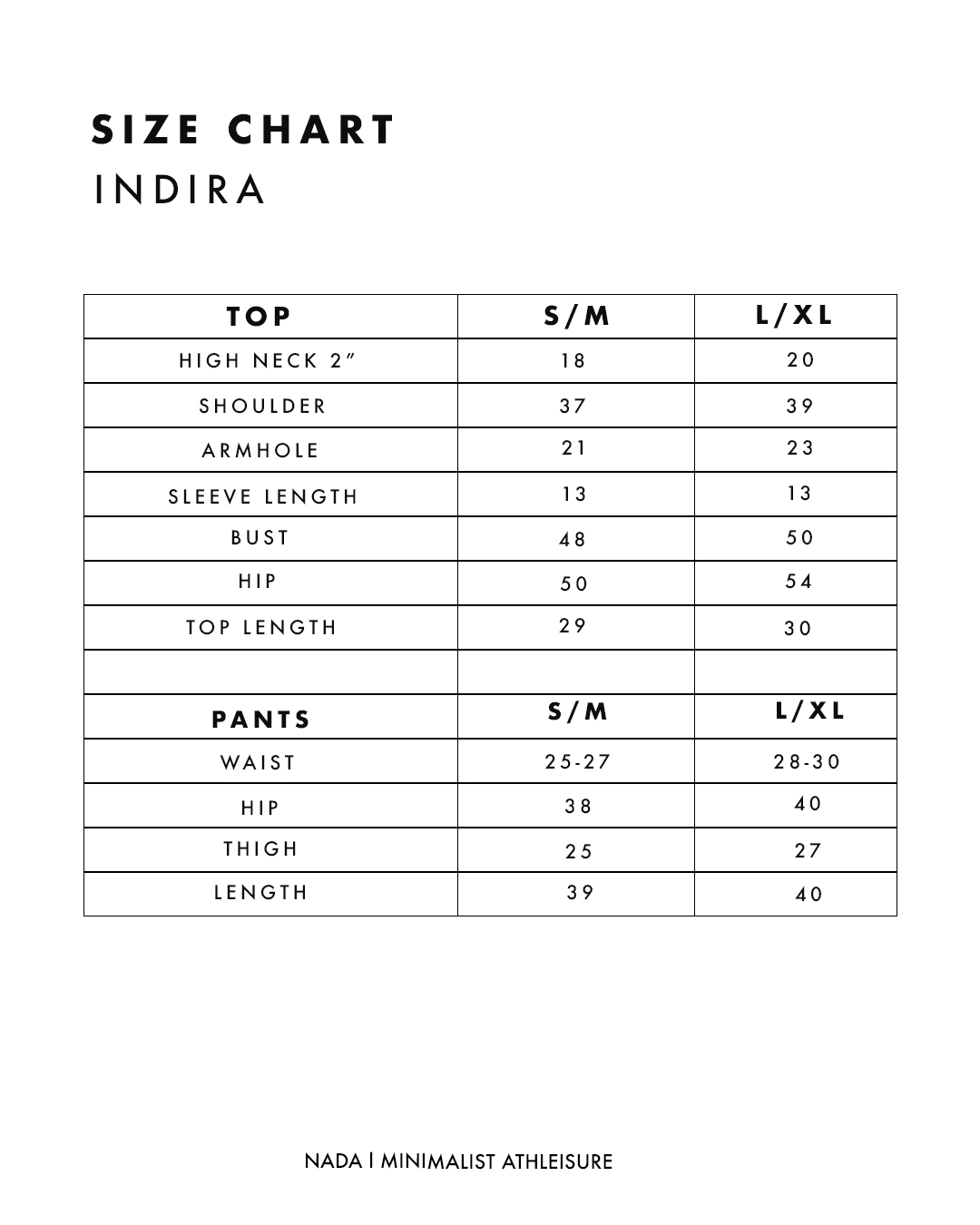 SIZE CHART INDIRA