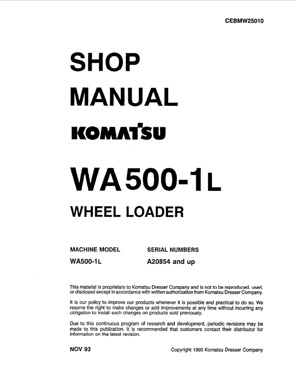 Komatsu Dresser Wheel Loader Shop Manual WA500-1L A20854 and up