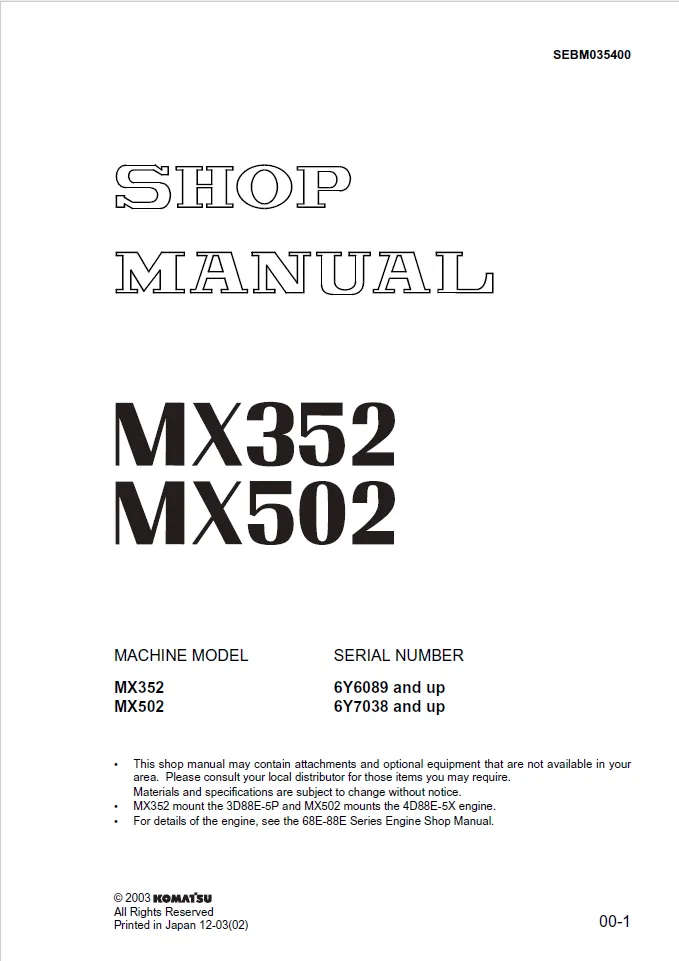 Komatsu/Ditch Witch Mini Excavator Shop Manual MX352, MX502 6Y6089