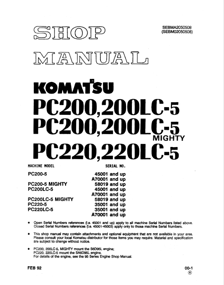 Komatsu Hydraulic Excavator Shop Manual PC200-5, PC200LC-5, PC200