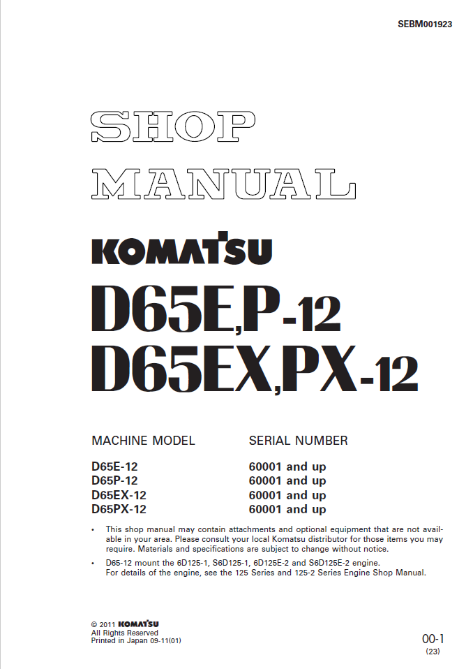 Komatsu Crawler Bulldozer Shop Manual D65E-12, D65P-12, D65EX-12