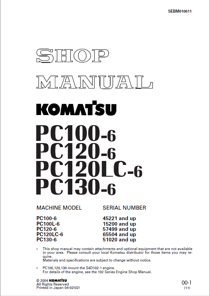Komatsu Hydraulic Excavator Shop Manual PC100-6, PC100L-6, PC120-6,  PC120LC-6, PC130-6 45221 and up, 15200 and up, 57499 and up, 65504 and up,  51020 and up SEBM010611 English – Electronic Parts Catalogue