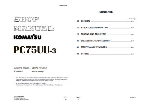 Komatsu Hydraulic Excavator Shop Manual PC75UU-3 15001 and up SEBM016404  English