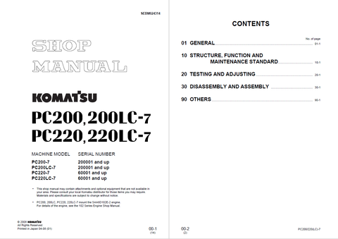 Komatsu Hydraulic Excavator Shop Manual PC200-7, PC200LC-7, PC220