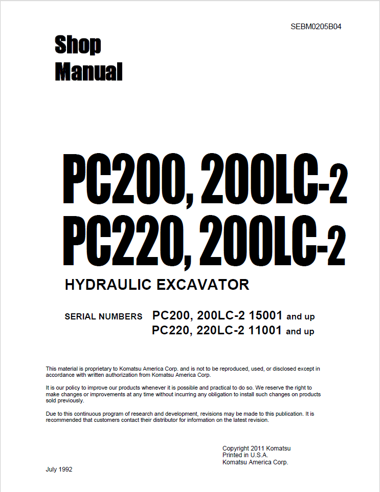 Komatsu Hydraulic Excavator Shop Manual PC200-2, PC200LC-2, PC220