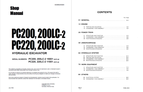 Komatsu Hydraulic Excavator Shop Manual PC200-2, PC200LC-2, PC220