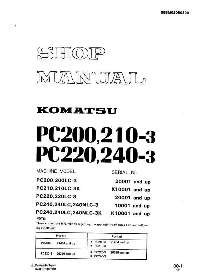Komatsu Hydraulic Excavator Shop Manual PC200-3, PC200LC-3, PC210