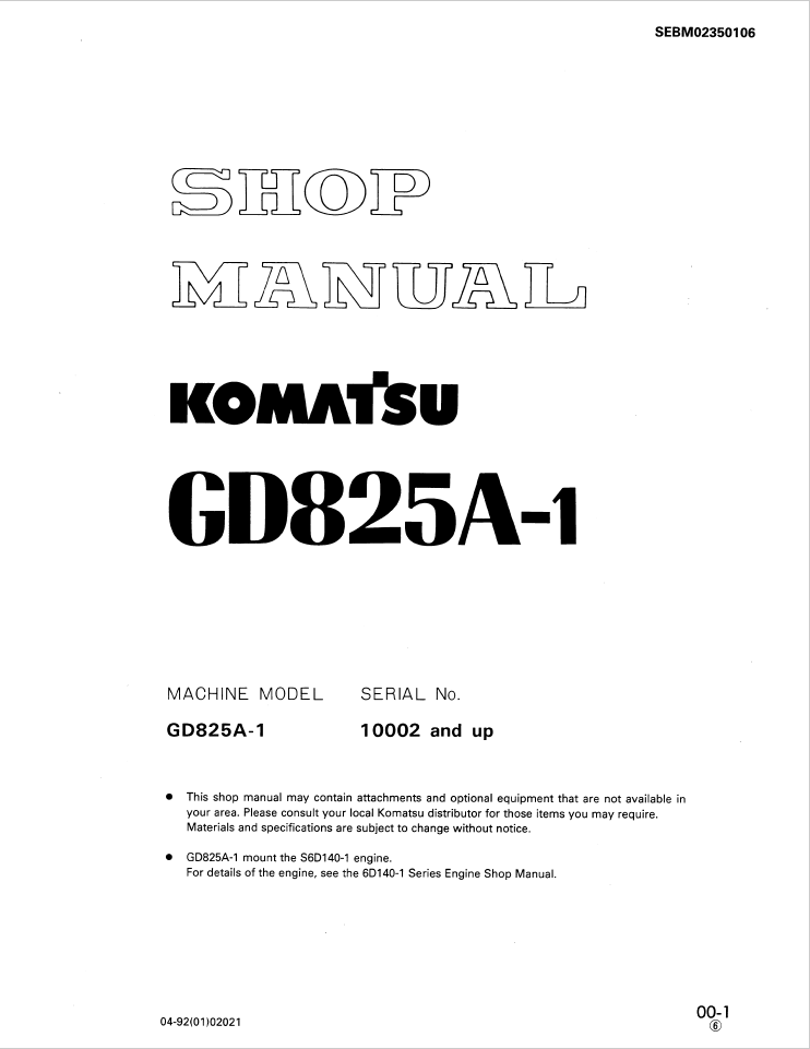 Komatsu Motor Grader Shop Manual GD825A-1 10002 and up