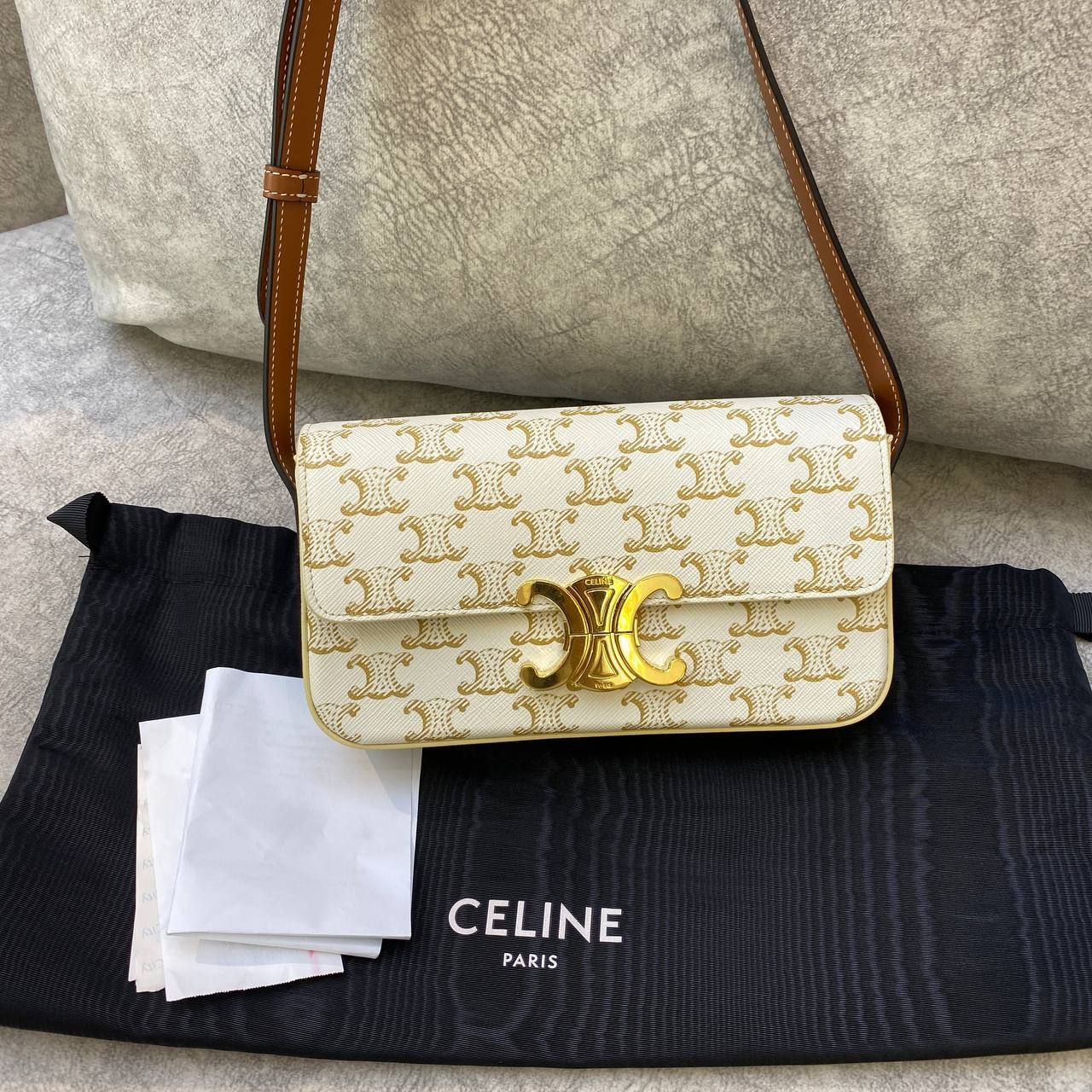 PREOWNED CELINE TRIOMPHE SHOULDER BAG IN TRIOMPHE CANVAS AND CALFSKIN ...