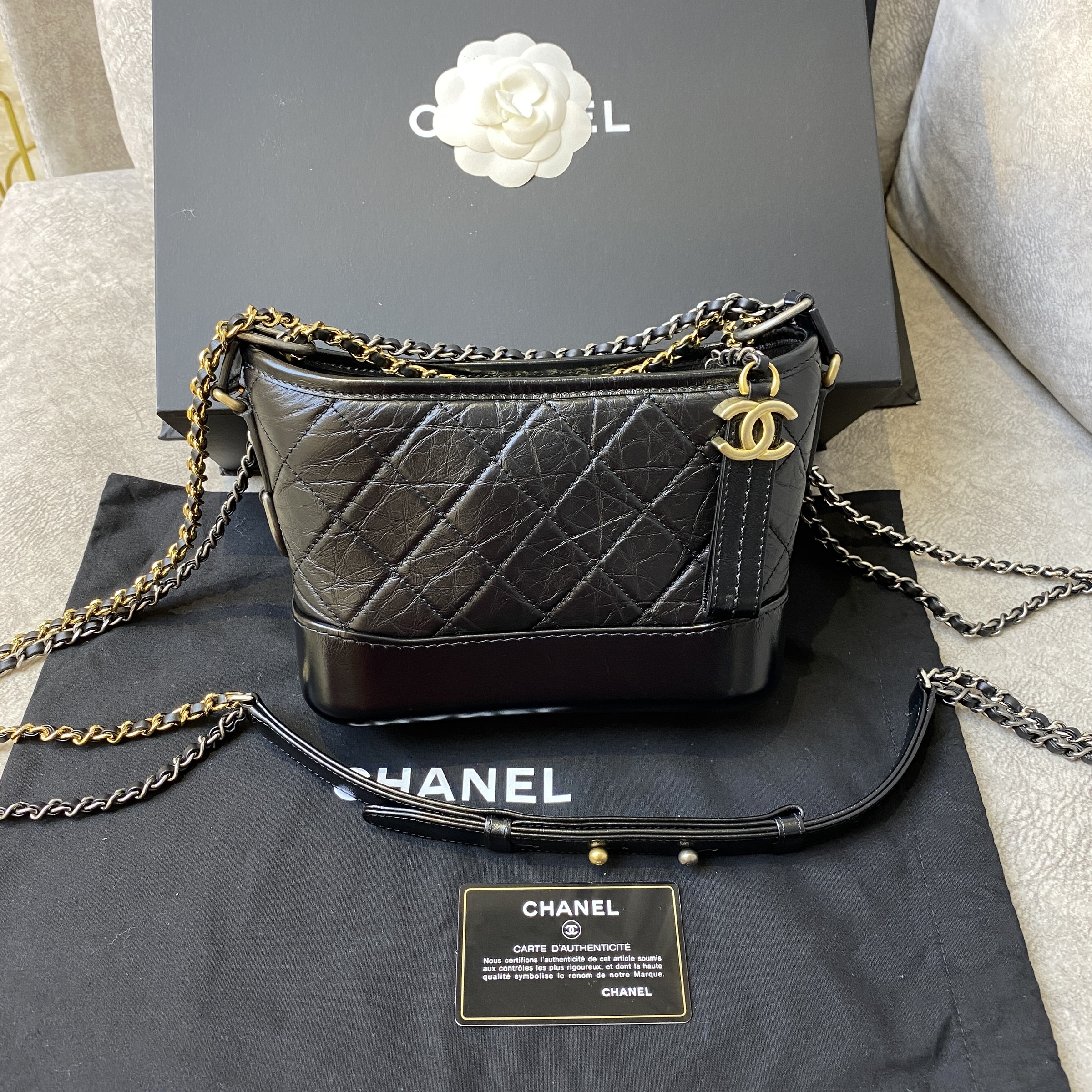 Chanel Black/White Quilted Aged Calfskin Leather Medium Gabrielle Hobo Bag  - Yoogi's Closet