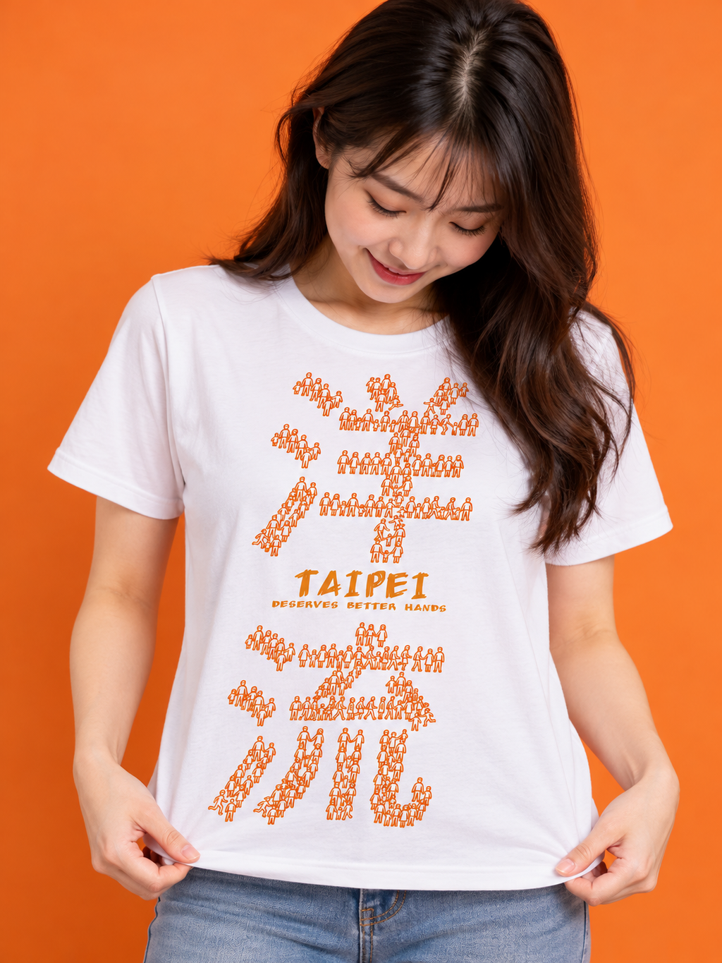 橘色棚拍中的台北圖騰白T女孩