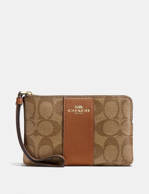 Coach Corner Zip Wristlet In Signature Canvas Khaki/Saddle F58035