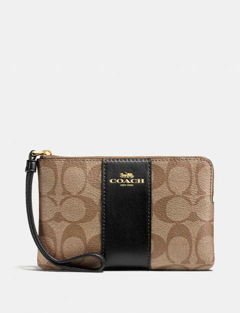 Coach Corner Zip Wristlet In Signature Canvas Khaki/Black F58035 Original Malaysia