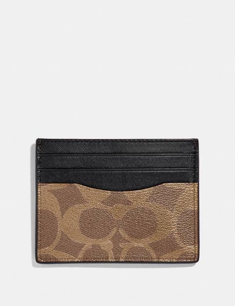 Coach Slim Id Card Case In Signature Canvas Khaki Saddle