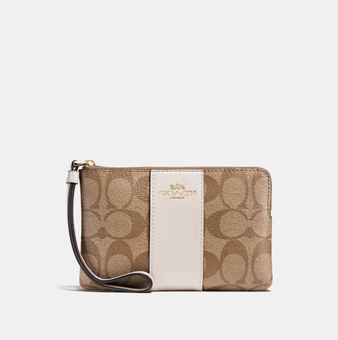 Coach Corner Zip Wristlet In Signature Canvas Gold/Khaki/Chalk F58035
