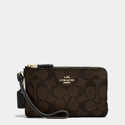 Coach Double Corner Zip Wristlet In Signature Canvas Brown Black F87591