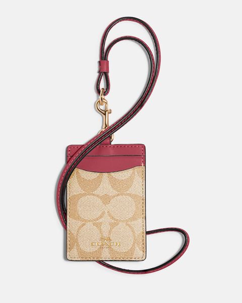 Coach Id Lanyard In Signature Canvas Gold/Light Khaki Rouge 63274