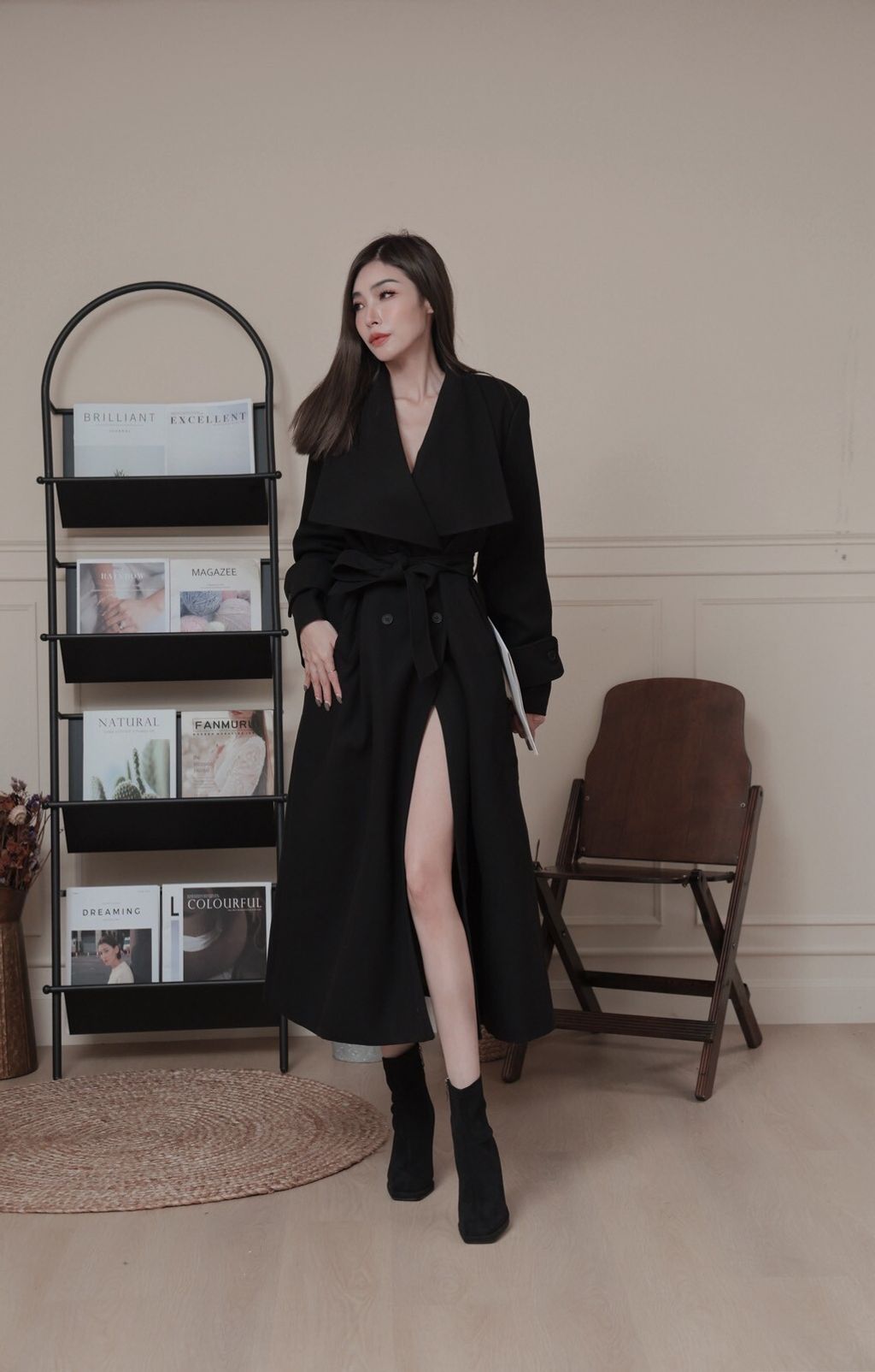 S04-1四釦翻領長版風衣黑