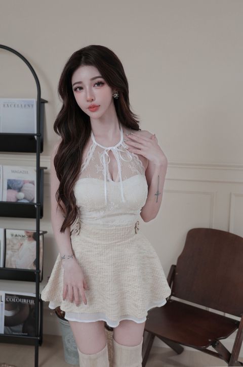 F10-6平口繞脖透視蕾絲白