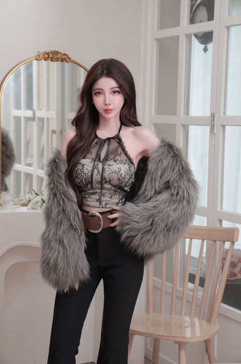 F14-2平口繞脖透視蕾絲黑