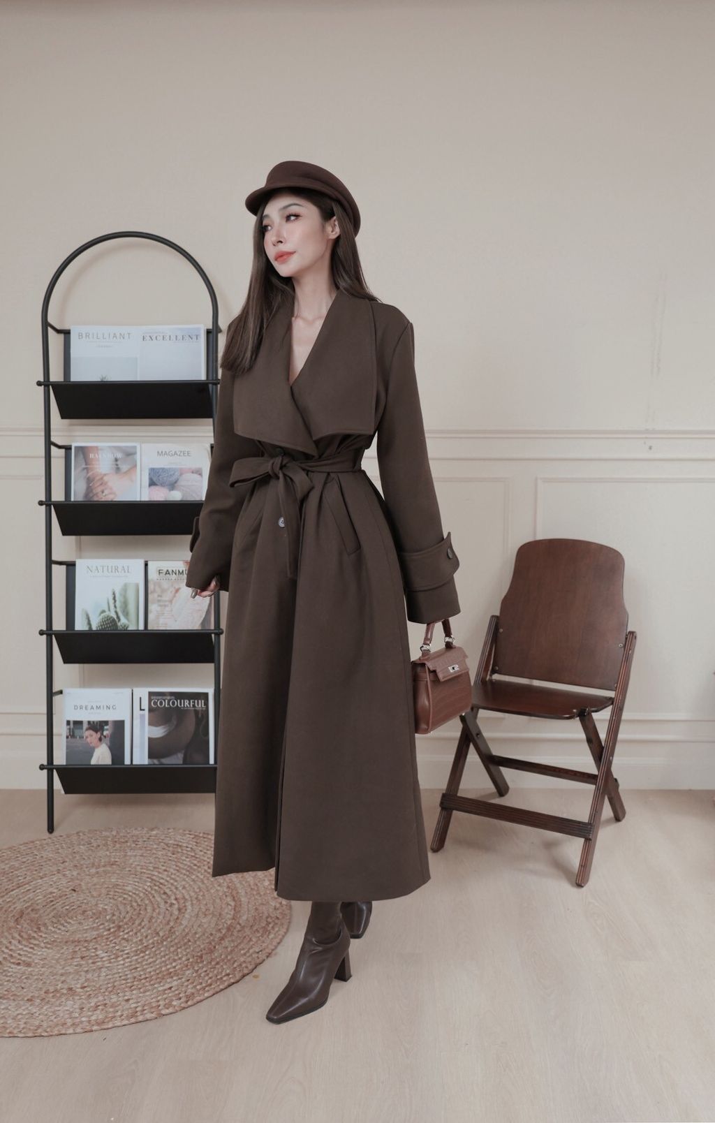 S03-1四釦翻領長版風衣咖