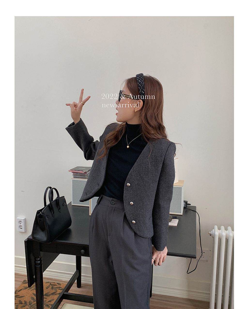 【歌铭】灰色小西装外套女装2022冬季新款短款炸街休闲西服N356A (5)