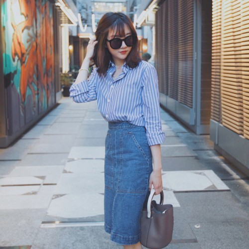 denim skirt and striped top